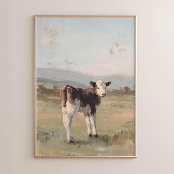 Printed Baby Calf Standing In Pasture Field Neutral Brown Tones Rustic Countryside Landscape Vintage Painting Wall Art Poster P487