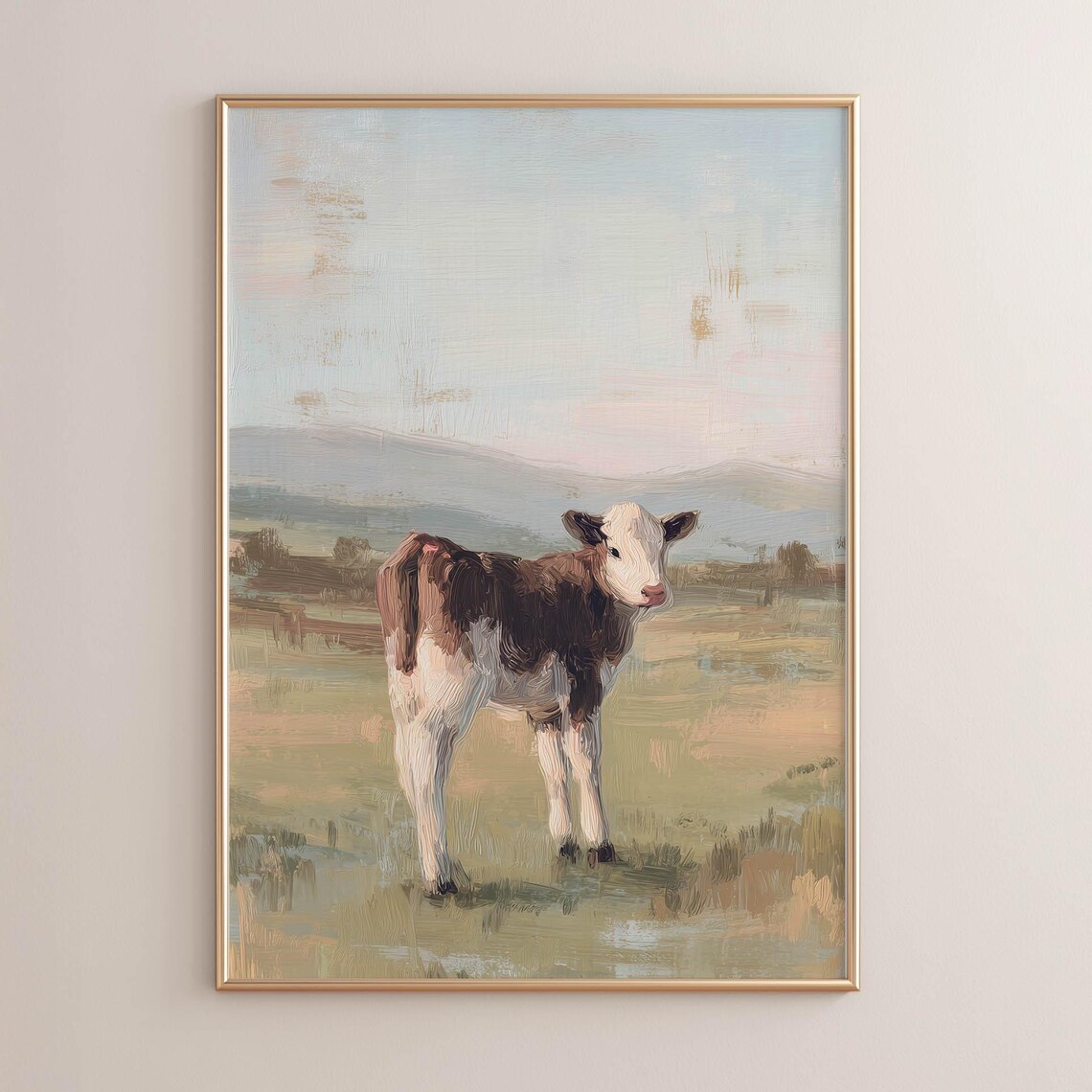 Baby Calf Standing In Pasture Pastel Country Field Painting Poster