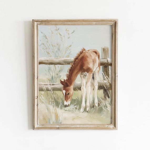 Muted Brown Chestnut Foal Printable Vintage Horse Wall Art Sage Green Neutral Decor Rustic Farmhouse Painting Pale Blue Download 526