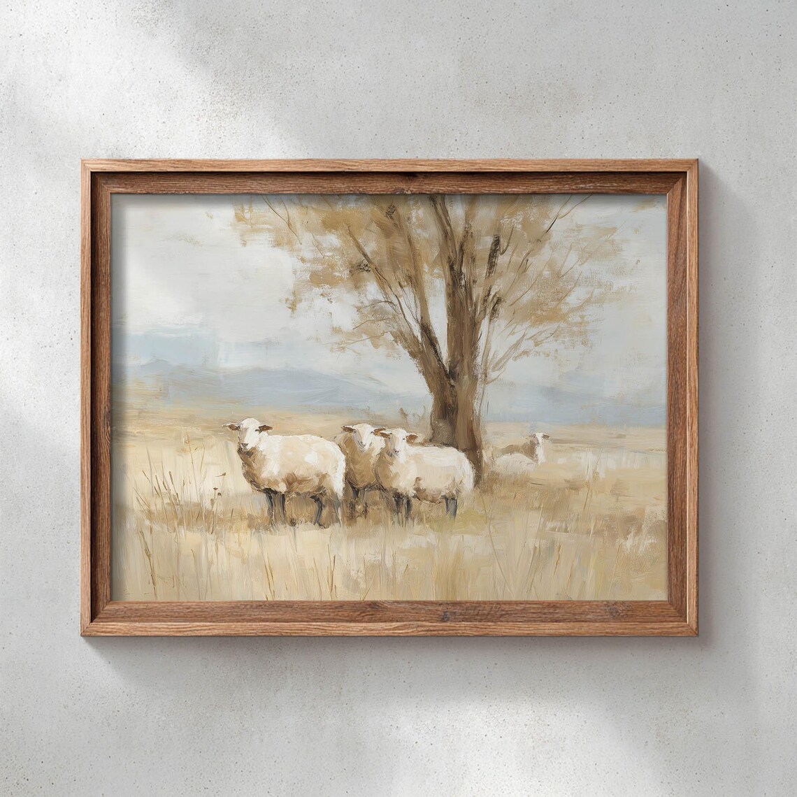 White Sheep in Golden Meadow, Rustic Pastoral Art Print
