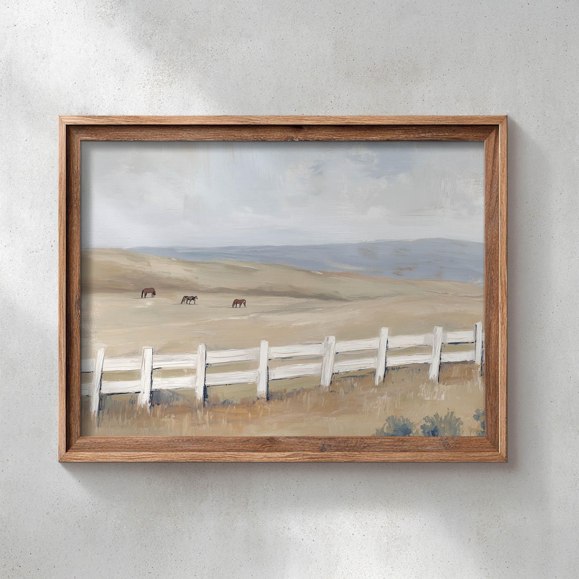 Horses Grazing Open Plains, Rustic Landscape Art Print