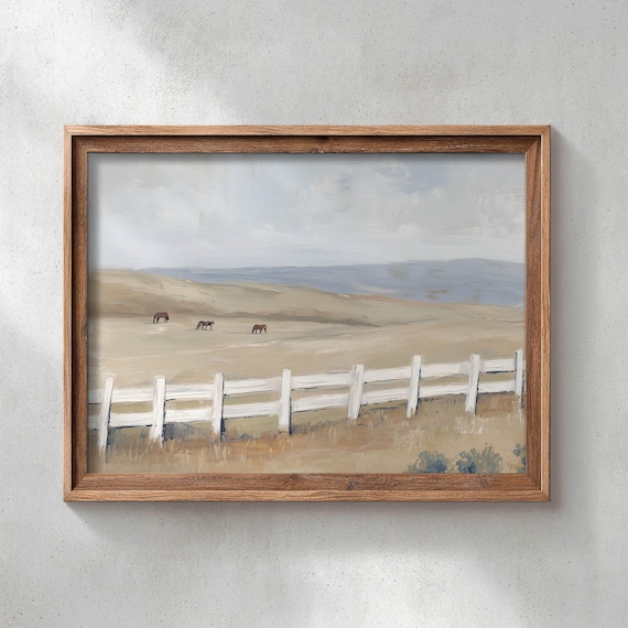 Horses Grazing Open Plains, Rustic Landscape Art Print