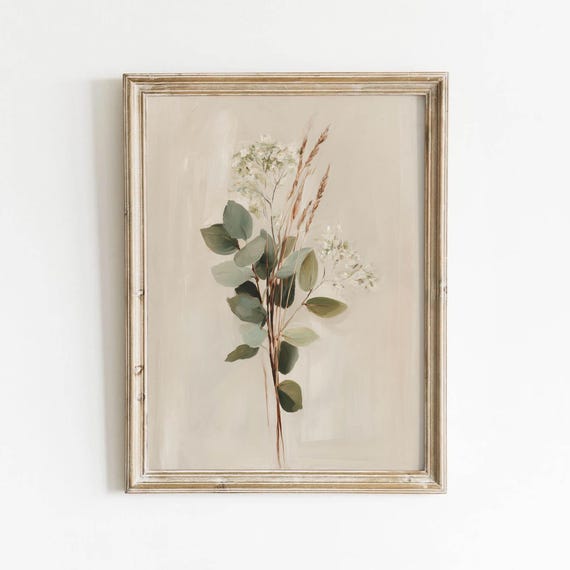Minimal Botanical Bouquet Printable Neutral Eucalyptus Wall Art Calming Flower Decor Earthy Living Room Muted Green Download 0387