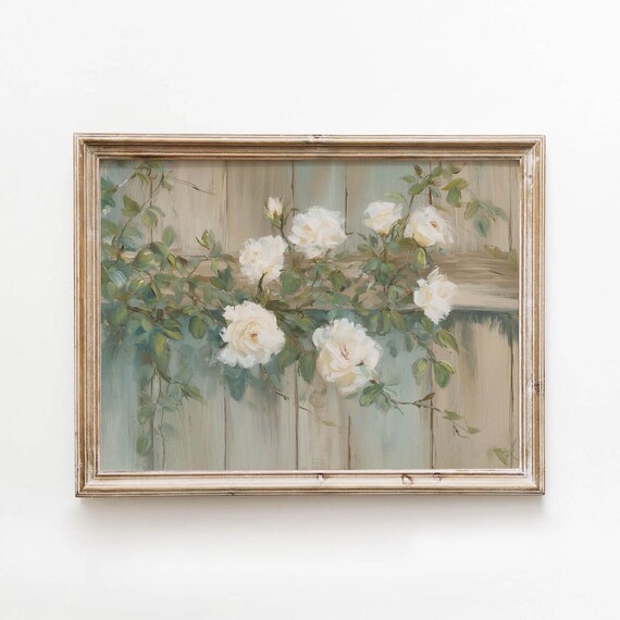 White Climbing Roses on Weathered Wooden Fence Soft Garden Art Poster