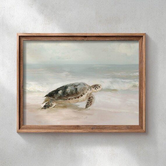 Sea Turtle Walking On Sandy Shore Gentle Ocean Waves Coastal Poster