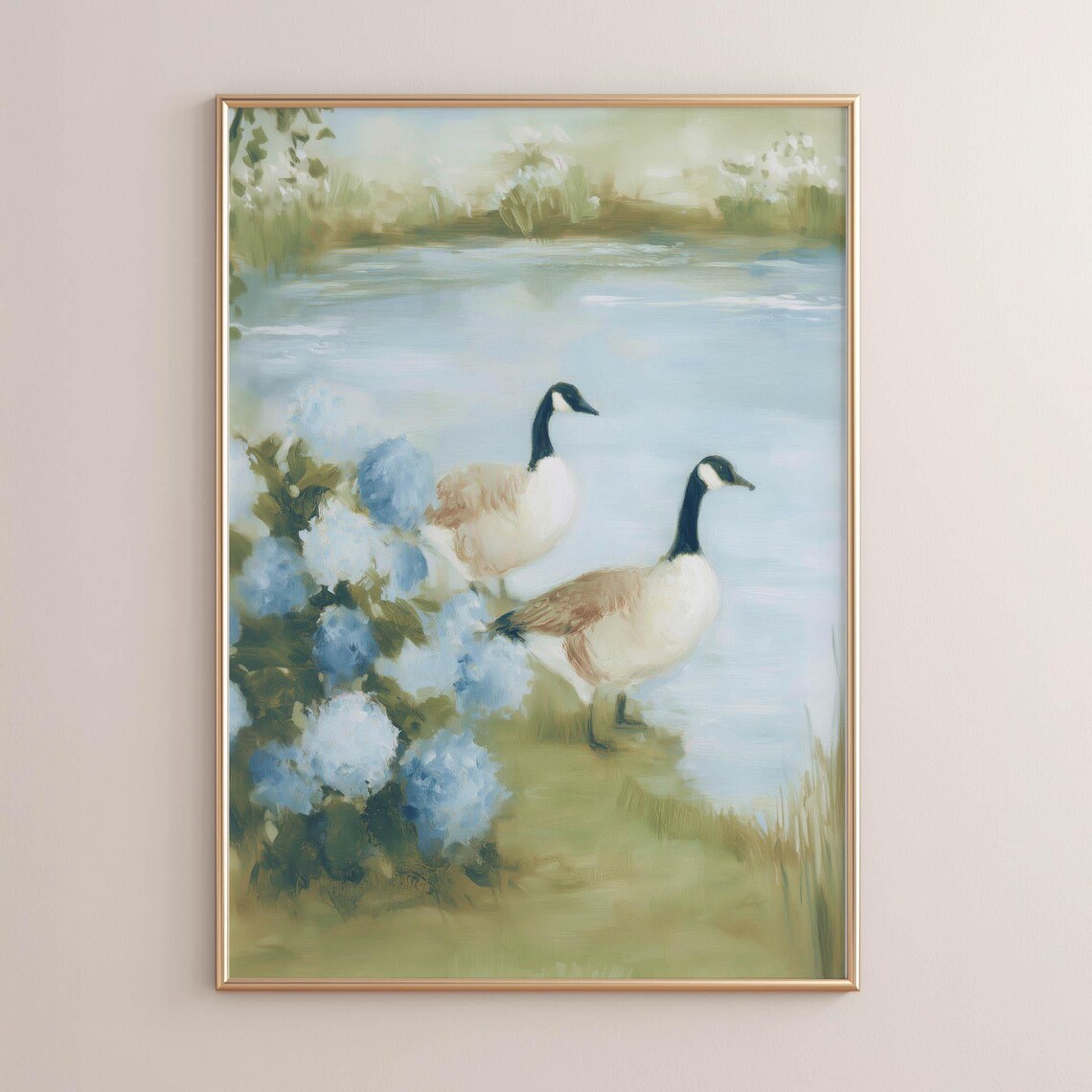 Blue Pond With Canada Geese, Vintage Wall Art Print