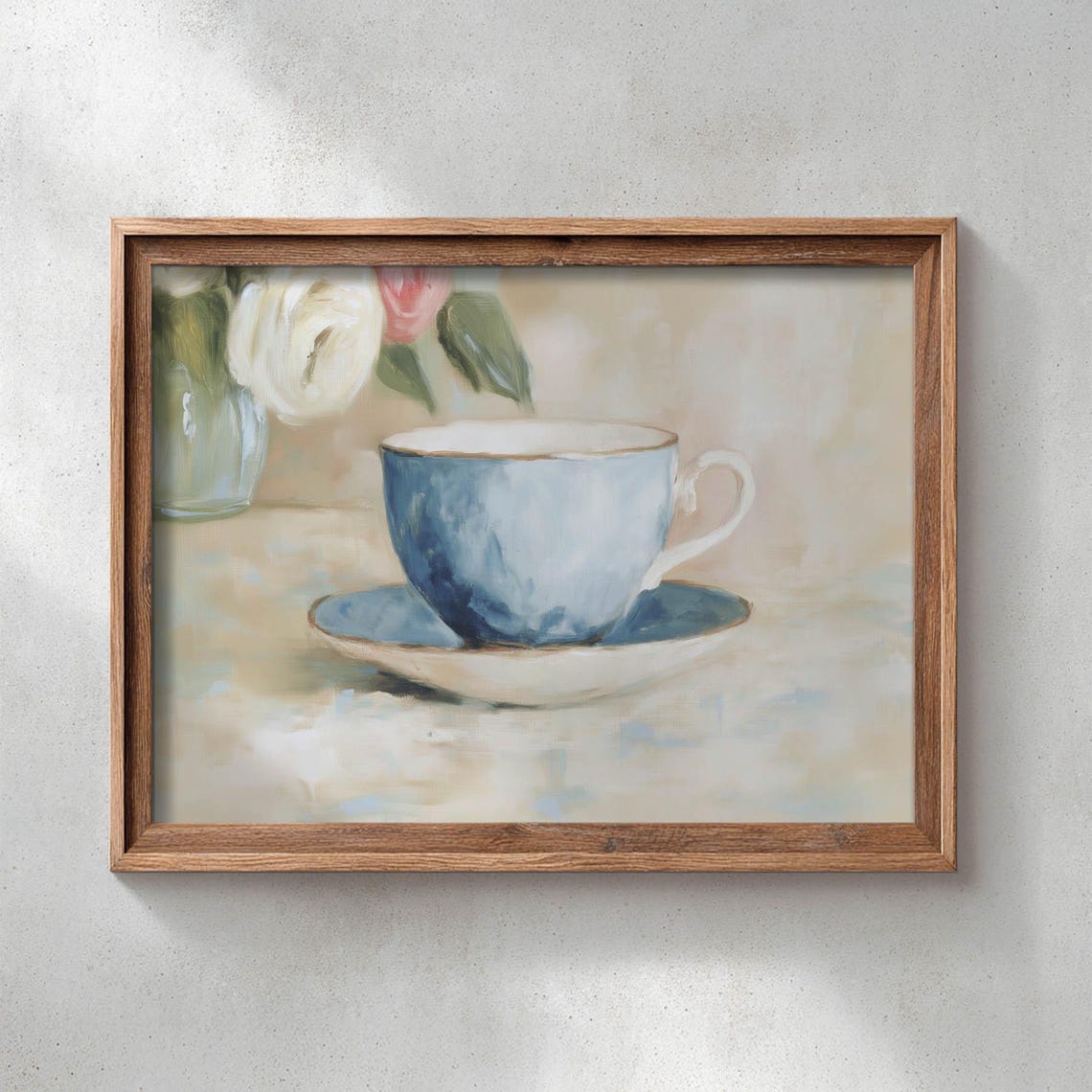 Blue Teacup Still Life With Roses Soft Oil Painting Kitchen Art Print