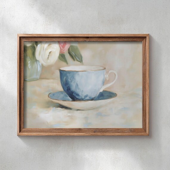 Blue Teacup Still Life With Roses Soft Oil Painting Kitchen Art Print