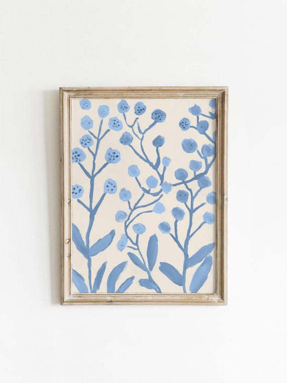 Blue Flowers Botanical Print Folk Art Style Digital Download 0075