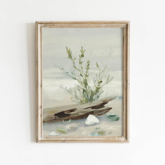 Coastal Green Plant On Driftwood Muted Seashore Botanical Wall Art