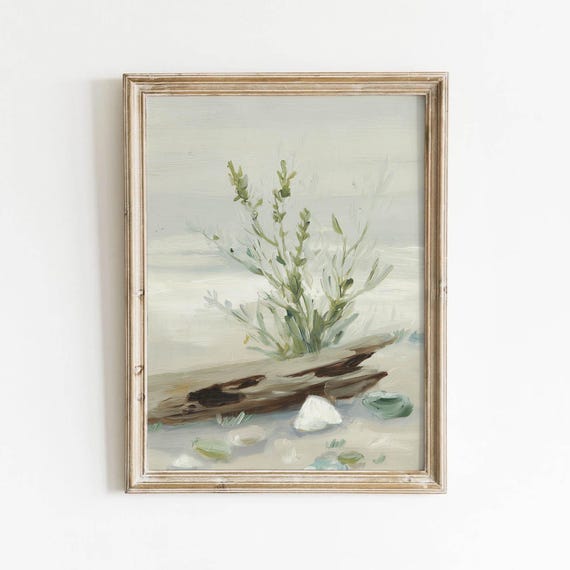 Coastal Plant Driftwood Print Muted Green Seashore Wall Art Vintage Beach Cottage Decor Neutral Shore Landscape Digital Download 442