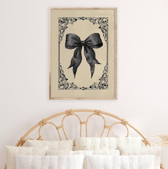 Vintage Black Bow with Ornate Frame Retro Coquette Illustration Art Poster