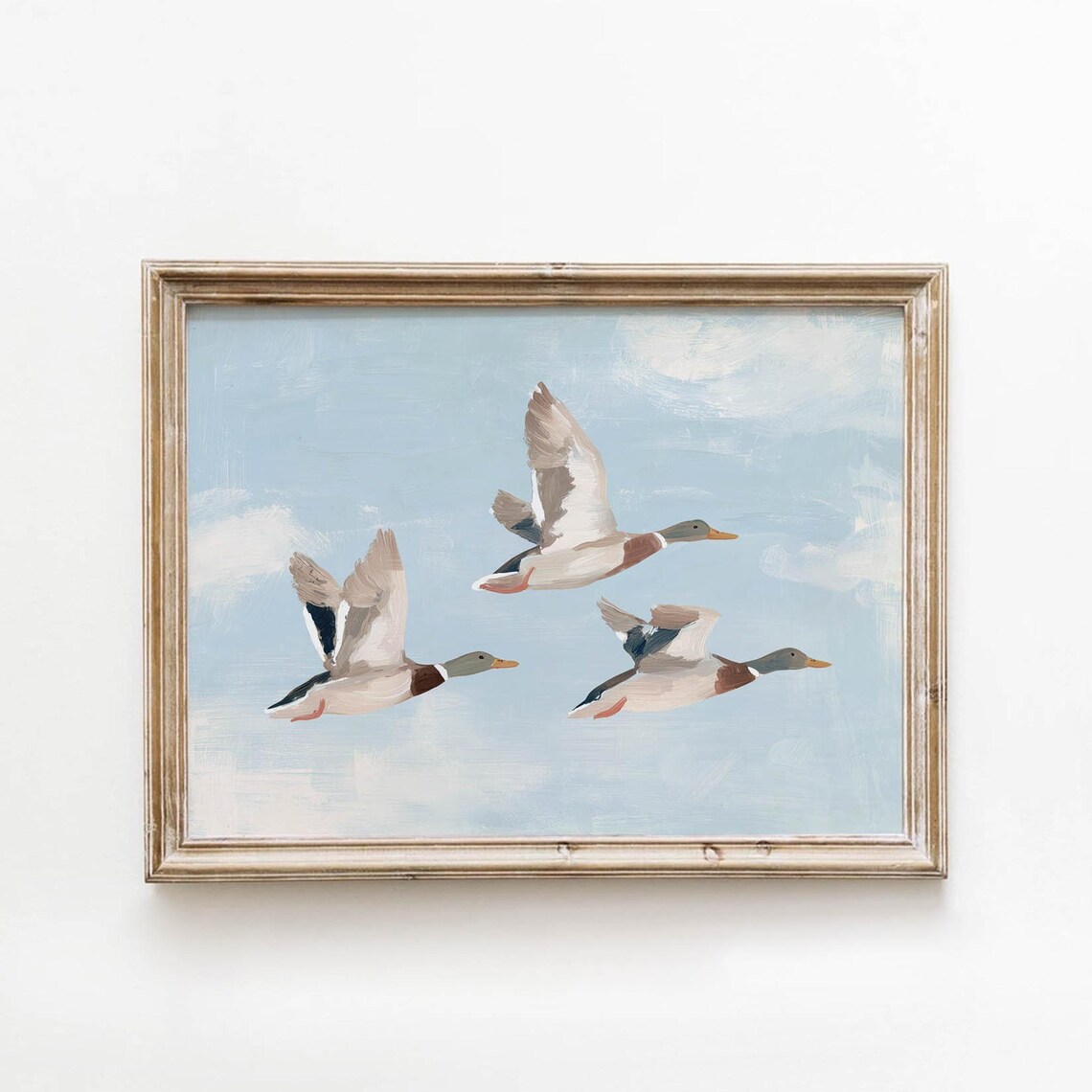 Three Mallard Ducks Flying Across a Pale Blue Sky Cottagecore Wildlife Poster