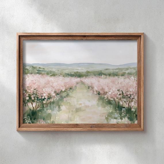 Printed Orchard Pathway Spring Landscape Art Muted Pink Flowering Trees Cottagecore Farmhouse Wall Decor Soft Botanical Poster P756