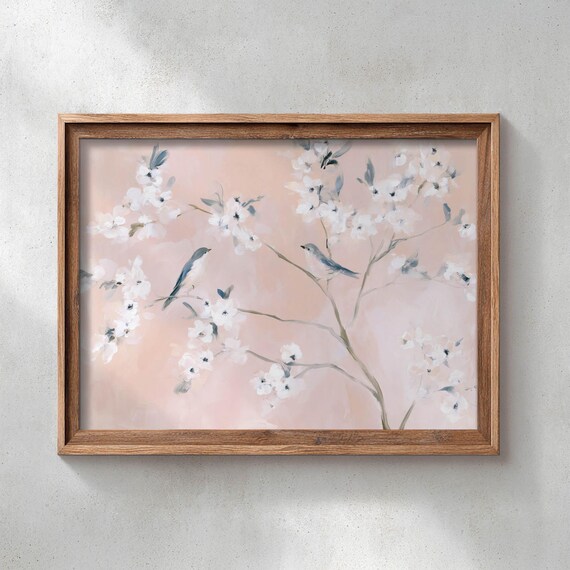 Printed Cherry Blossom Branches With Birds Soft Blush Pink Cottage Wall Art Romantic Floral Decor Muted Spring Painting 0674