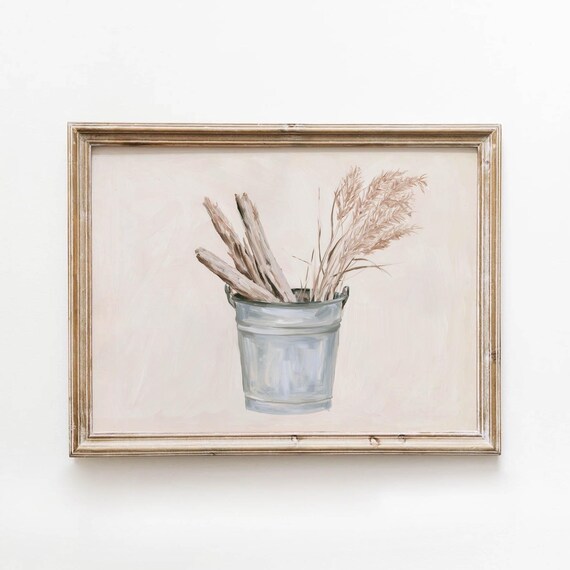 Printable Galvanized Bucket With Driftwood And Pampas Grass Farmhouse Wall Art Neutral Rustic Still Life Digital Download 725