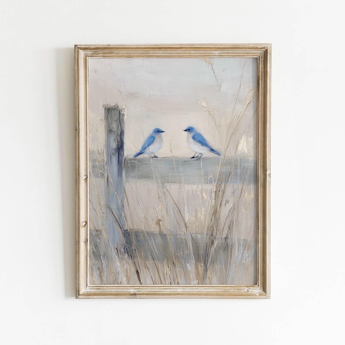 Two Bluebirds Fence Rail Tall Grass Muted Rustic Farmhouse Print