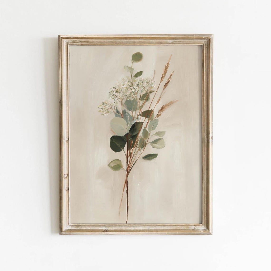 Neutral Eucalyptus Sprig With White Blossoms Minimal Art Poster