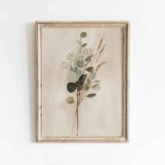 Neutral Eucalyptus Sprig With White Blossoms Minimal Art Poster