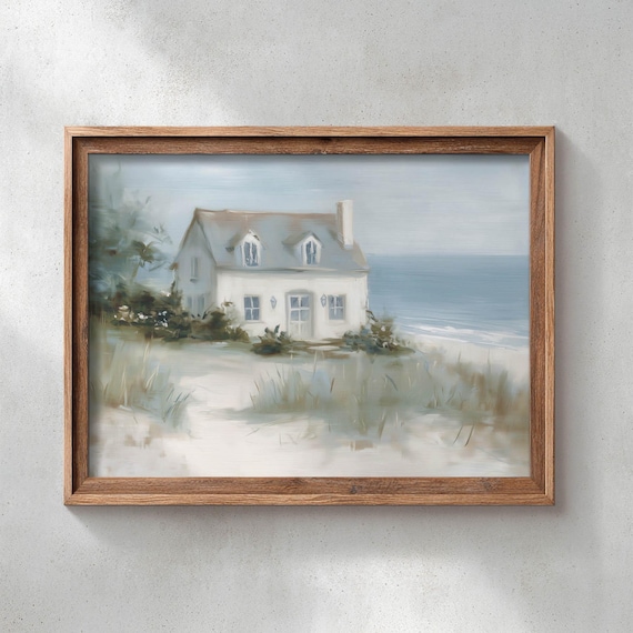 Printed Coastal Cottage Among Sand Dunes Beach House Wall Art Serene Ocean Landscape Muted Neutral Decor Farmhouse Poster P732