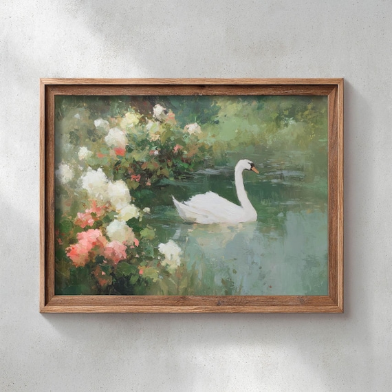 Graceful White Swan Among Blossoms Serene Impressionist Pond Poster