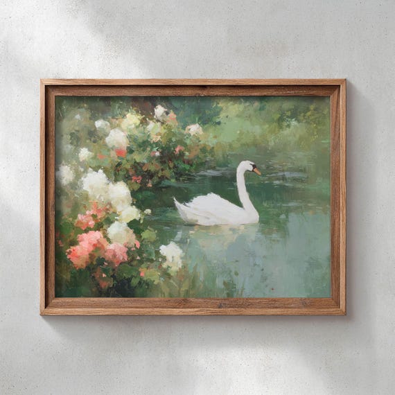 Swan Painting With White Blossoms Serene Impressionist Pond Scene Peaceful Greenblue Lake Art Romantic Floral Poster Print P130