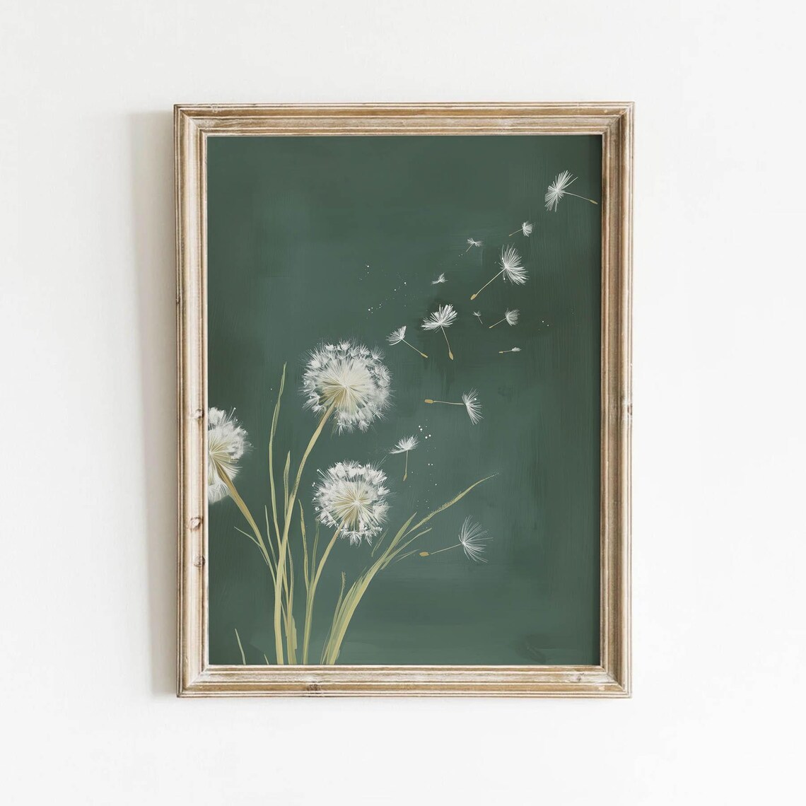 Botanical White Dandelion Clocks Blowing Seeds On Deep Green Poster