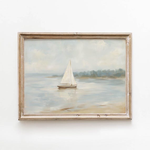 Muted Sailboat Printable Coastal Water Landscape Wall Art Neutral Beige Blue Lake Decor Vintage Seaside Painting Calm Download 423