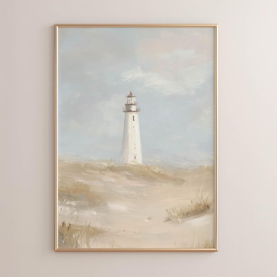 Printed Coastal Lighthouse Painting Neutral Beach Wall Art Rustic Sandy Dunes Vintage Farmhouse Decor Serene Landscape P436