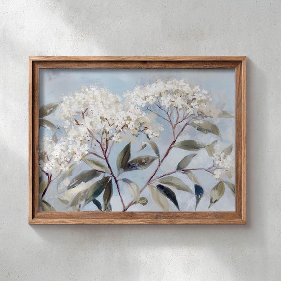 White Flowering Branches Botanical Poster, Cottage Art