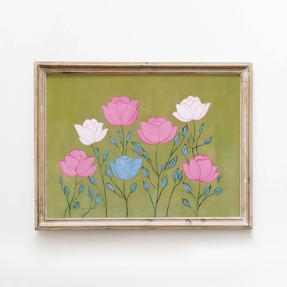 Folk Art Roses In Pink White And Blue Blooming On Olive Green Poster