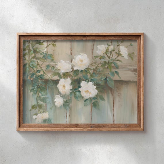 Climbing White Roses Over A Weathered Fence Sage And Cream Floral Print