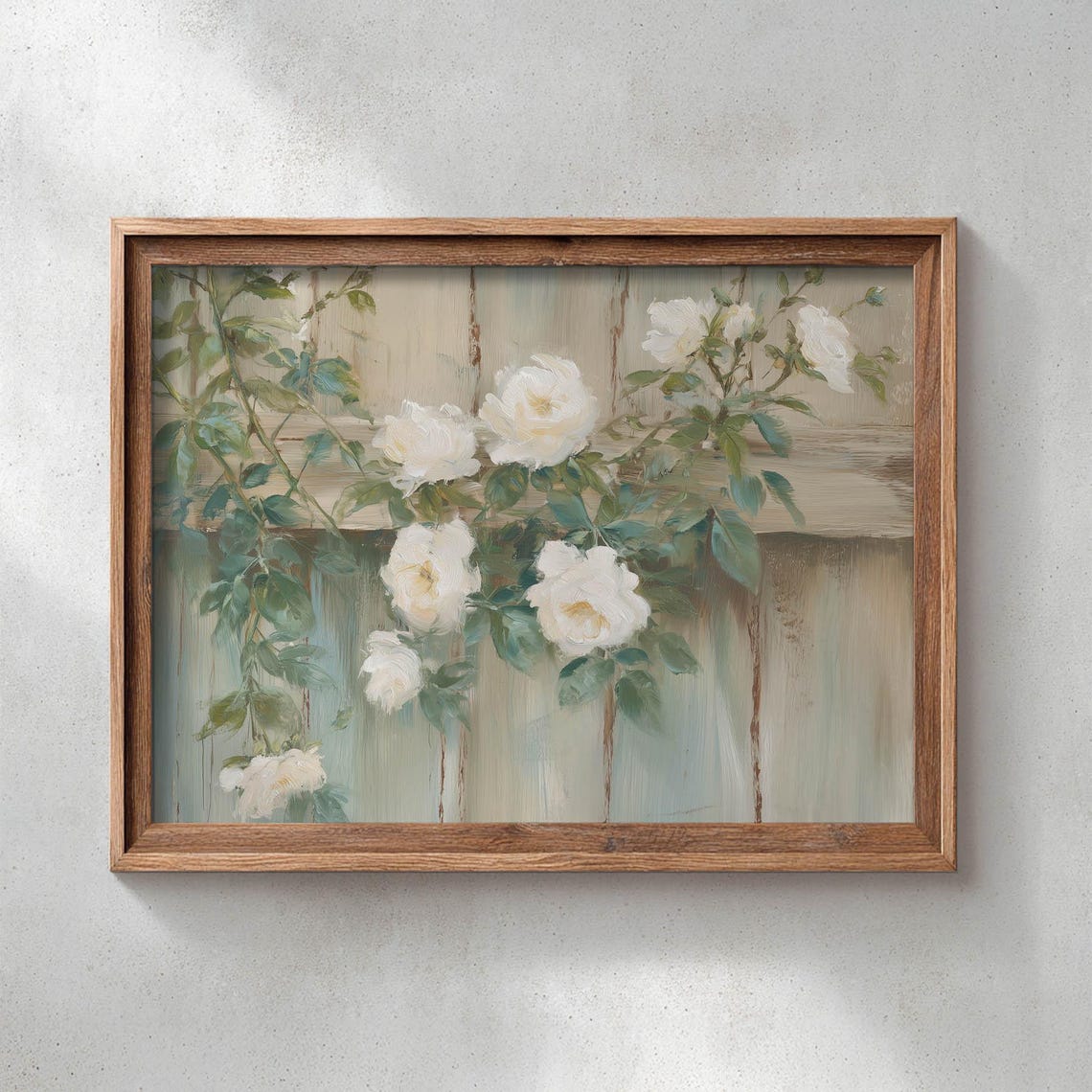 Climbing White Roses Over A Weathered Fence Sage And Cream Floral Print
