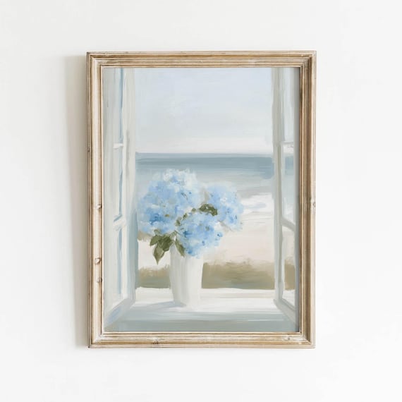 Blue Hydrangeas White Vase Window Overlooking Sea Coastal Poster