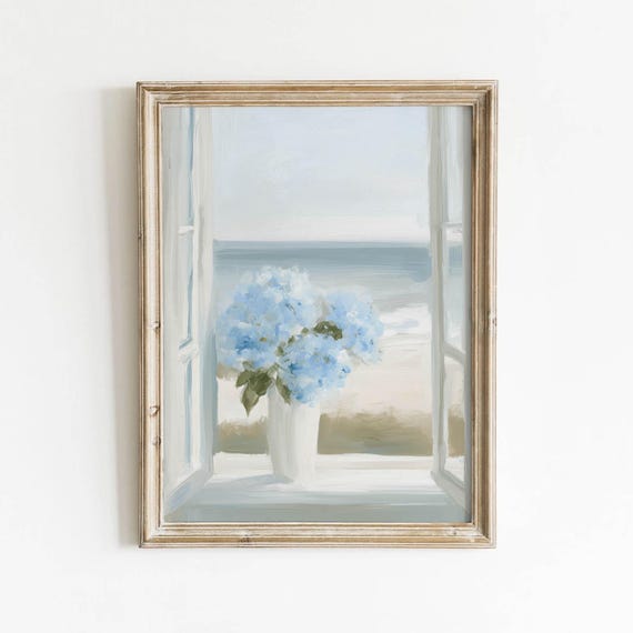 Hydrangeas In White Vase Window Decor Retro Printable Wall Art Pastel Coastal Cottagecore Spring Summer Color Digital Download 0304