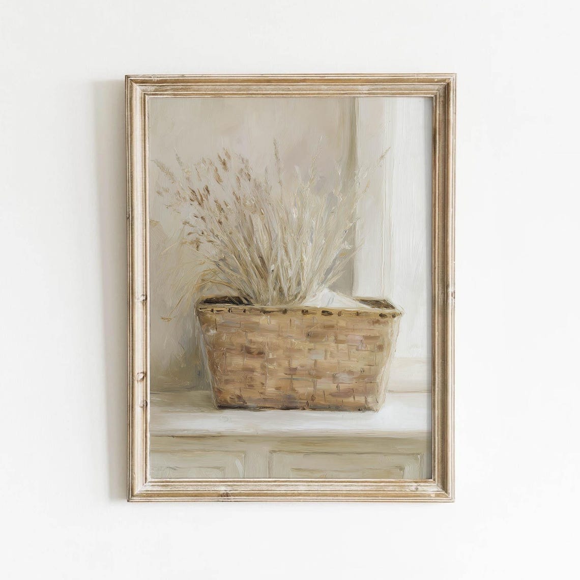 Rustic Woven Basket with Dried Grasses Neutral Farmhouse Poster