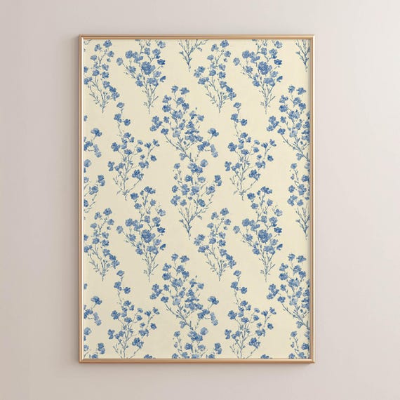 Cottagecore Wildflowers In Blue Seamless Botanical Print Vintage Farmhouse Cream Background Delicate Feminine Floral Wall Art P114