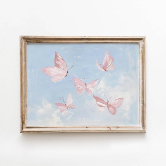 Pink Butterflies Blue Sky Poster Dreamy Romantic Butterfly Art