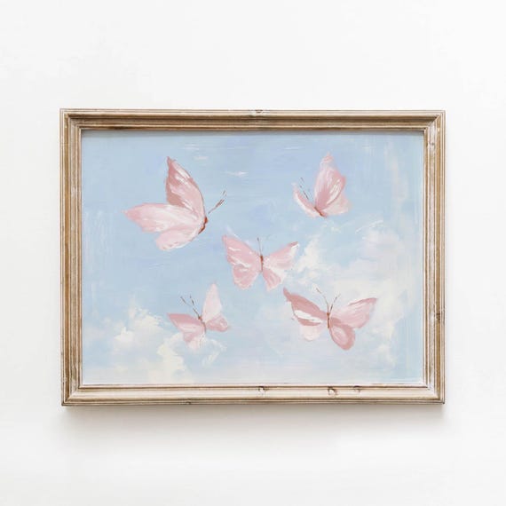 Soft Pink Butterflies Printable Pale Blue Sky Wall Art Dreamy Romantic Decor Feminine Nursery Vintage Download 646