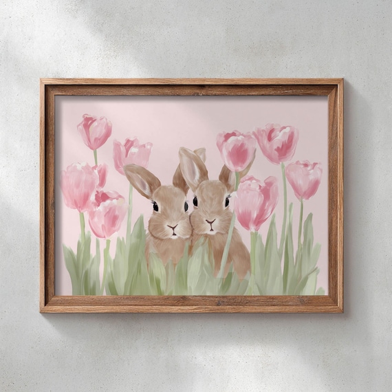 Cute Baby Rabbits Pink Tulips Soft Spring Nursery Bunny Art Poster