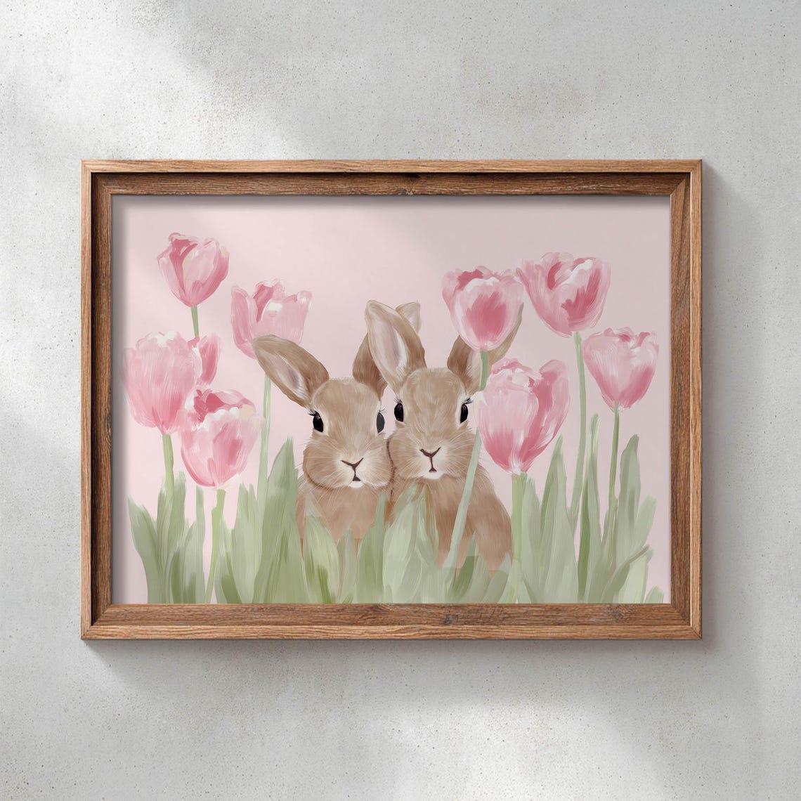 Cute Baby Rabbits Pink Tulips Soft Spring Nursery Bunny Art Poster