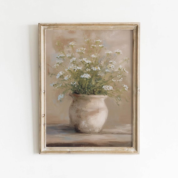 Rustic Pottery Vase White Wildflowers Vintage Still Life Poster