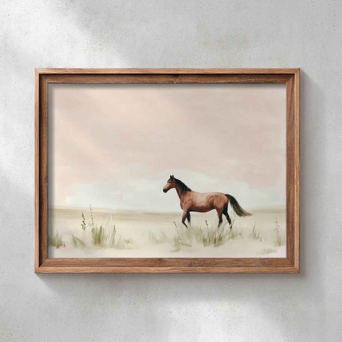 Serene Bay Horse In Misty Field Blush Sky Landscape Art Poster