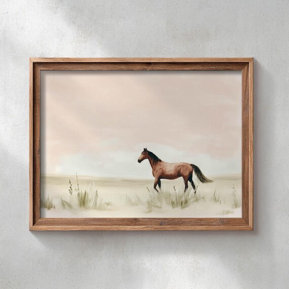 Serene Bay Horse Poster Print Blush Sky Earthy Landscape Art Neutral Farmhouse Decor Rustic Calming Wall Cottagecore Style P172