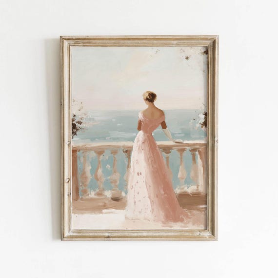 Woman On Seaside Balcony Printable Wall Art Pastel Spring Preppy Retro Coquette Impressionist Painting Digital Download 0265