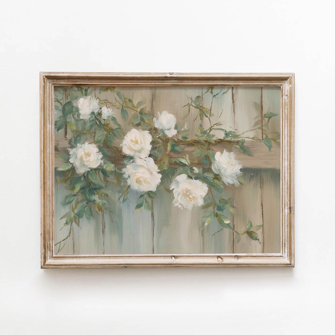 Vintage White Climbing Roses Fence Soft Sage Green Floral Poster