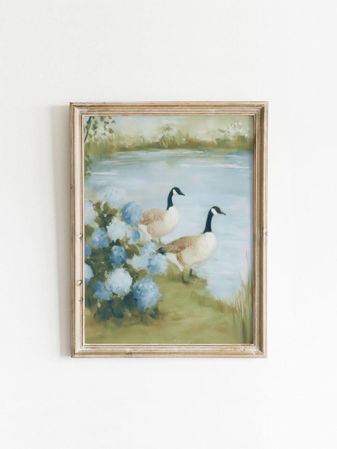Canada Geese Lake Painting Poster with Blue Hydrangeas Serene Shoreline Decor
