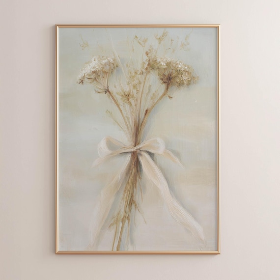 Dried Wildflower Bouquet Cream Ribbon Soft Neutral Painting Poster