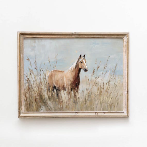 Vintage Palomino Horse Prairie Golden Grassland Printable Wall Art Rustic Farmhouse Decor Digital Download 592