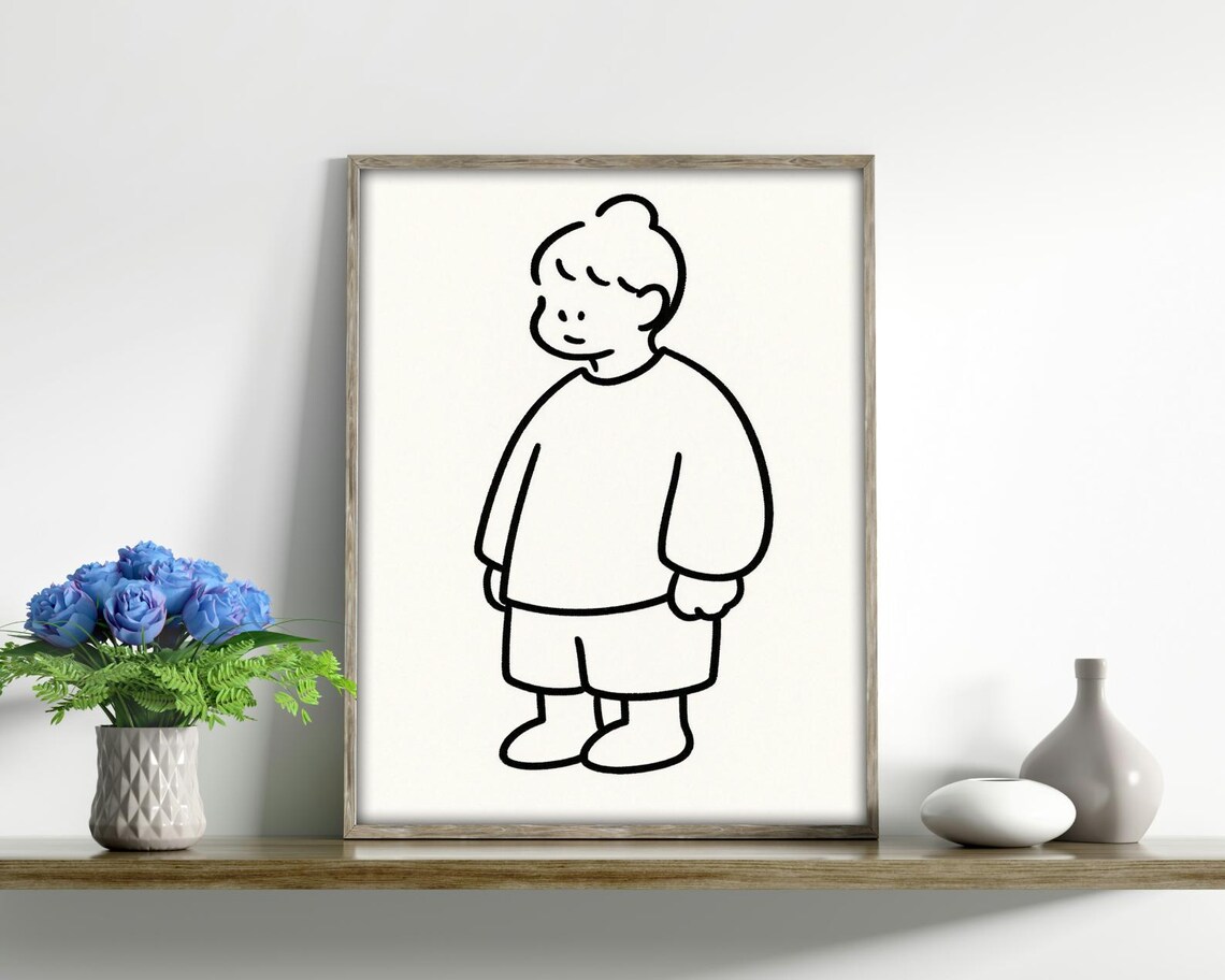 Minimalist Boy Line Art - Black & White Print - Image 2